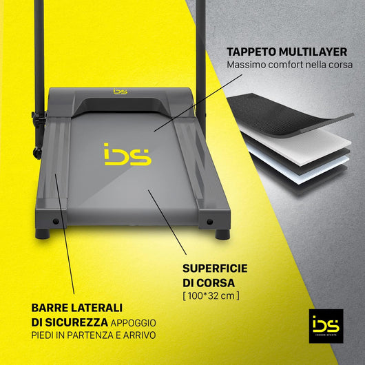 Tapis roulant G11 EVO | IDS Indoor Sports | Con tappeto multilayer, barre laterali di sicurezza, superficie di corsa 100x32 cm